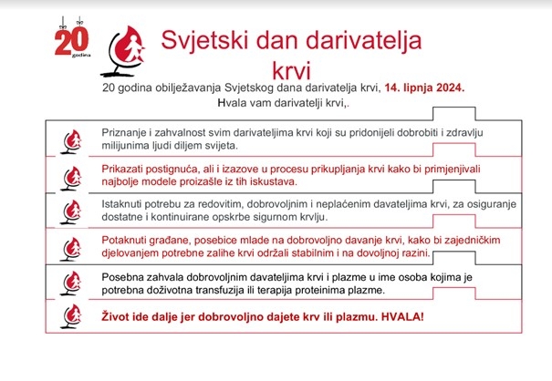 20 godina obilježavanja Svjetskog dana darivatelja krvi - 14. lipnja 2024. Hvala vam darivatelji krvi!